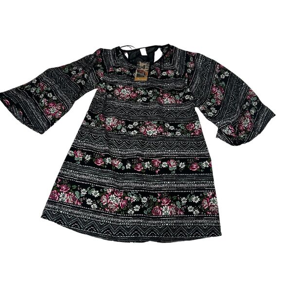 Paper Crane Black Geometric Floral Shift Dress With Bell Sleeves open Back S USA - Picture 2 of 12